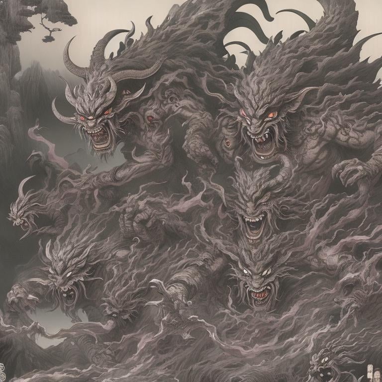 Prompt: hidden images of japanese demons in a fantasy land
