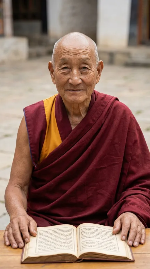 Prompt: PROMPT:

Ultra-realistic cinematic portrait of an elder Buddhist monk, late 70s–80s, seated outdoors in a peaceful monastery courtyard.
He has a shaved head, deeply lined skin with natural wrinkles, soft crow’s feet around the eyes, and a gentle, knowing smile that conveys wisdom, calm, and compassion. Use the omni reference image attached to capture similar details in face and body composition.

He is wearing traditional monk robes in deep maroon with a saffron-yellow inner panel, draped naturally over one shoulder. The fabric is thick, matte, slightly worn, with visible folds and texture.

The monk is seated at a simple wooden table, both hands resting calmly on either side of an open ancient book placed directly in front of him.
The book contains traditional script on aged, slightly yellowed pages, symmetrical and centered, suggesting sacred or philosophical text.

Environment & background:
– outdoor stone courtyard
– soft beige and gray stone ground
– minimal background detail, gently blurred
– peaceful monastery atmosphere
– no modern elements

Lighting:
– soft natural daylight
– evenly diffused light illuminating the face
– no harsh shadows
– subtle highlights on skin texture and robe folds

Camera & composition:
– centered, symmetrical composition
– chest-up framing
– eye-level perspective
– shallow depth of field
– background softly out of focus
– vertical 9:16 framing (TikTok / Reels / Shorts style)

Mood & tone:
– calm authority
– timeless wisdom
– quiet confidence
– contemplative and grounded
– spiritual authenticity

Visual style:
– ultra-photorealistic
– documentary realism
– natural skin texture and pores visible
– realistic fabric detail
– no CGI
– no illustration
– no stylization

Must look like a real documentary still captured naturally during a moment of reflection and teaching.
