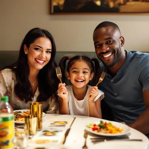 Prompt: Gathered around a table, a family enjoys a moment of connection in a restaurant, the atmosphere warm with cheerful energy. To the left, a woman with long dark hair smiles brightly, her floral-patterned blouse adorned with delicate gold jewelry, suggesting a sense of celebration. Next to her, a young girl, playful and spirited, grins with a fork raised in the air, her pigtails framing her face, while on the right, a man sports a casual blue shirt and a beaming expression, capturing the joy of the moment. The table is set with metallic glasses and a colorful water bottle, with menus featuring vibrant images of dishes, hinting at a delightful meal ahead in this cozy, upscale setting. The lighting casts a gentle glow, enhancing the warmth of the scene, showcasing a cherished family outing filled with laughter and anticipation.