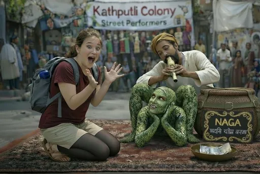 Prompt: 
A couple of street performers put on a unique show in a popular tourist street in Delhi, kathphulti Colony.  Atop a worn rug. A female contortionist, adorned in a green Snakeskin patterned spandex gloved and footed costume which covers her head but not her face. is pretending to be a snake as a snake charmer plays music to mesmerise her. The Contortionist is really playing into her role as she assumes a compact back bend whilst peering up at the snake charmer from in-between her legs. We see they the Contortionist has snake makeup, reptile snake like contact lenses and subtle fangs which all add the mystique. The cheerful snake charmer plays the pungi. Captivating the Contortionist. Beside them is a  soft woven basket with a lid fastened with leather straps and buckles. A student tourrst kneels down beside the the Contortionist pretrnding to be shocked for a fun photo