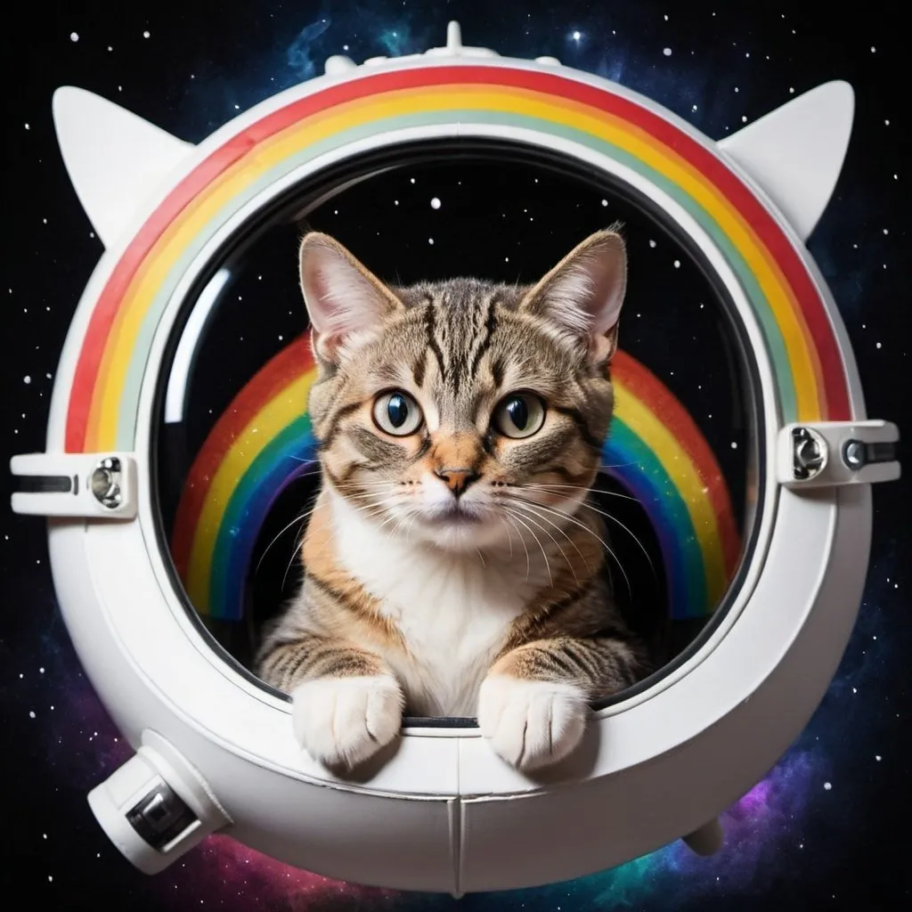 Prompt: cat in spaceship with rainbow