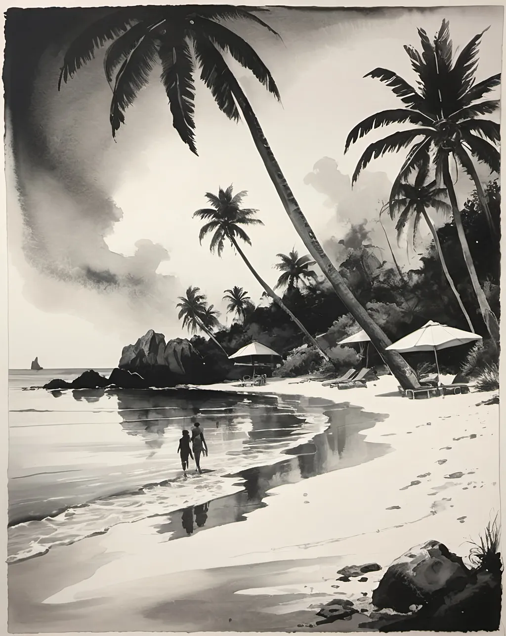 Prompt: black and white ink wash of a tropical beach scene