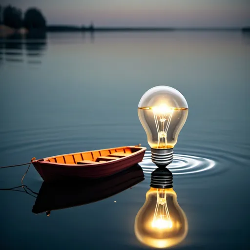 Prompt: light bulb on the water floating as a boat and is on his side