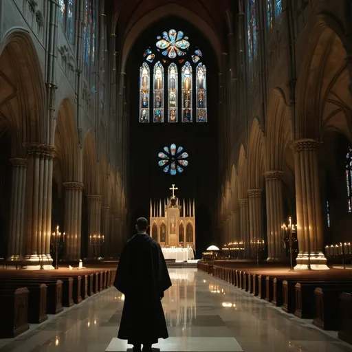Prompt: Scene Prompt for YouTube Video:

Title: Conflict of Faith

Description:

In a vast, dimly lit cathedral, with the breathtaking grandeur of Gothic architecture, a young seminarian stands near the altar. The immense space is filled with shadows cast by towering columns and arches. The stained glass windows depict scenes of saints and martyrs, their colors muted in the low light.

Characters:

Seminarian: A young man, late teens to early twenties, with a tormented expression. His attire is simple, reflecting his vow of poverty.

Shadows of the Past: Ghostly, indistinct figures that represent his haunting memories. These figures appear sporadically, fading in and out of visibility.

Setting:

The cathedral is cinematic and imposing, with shafts of light piercing through the gloom from strategically placed candles and lanterns. The atmosphere is both awe-inspiring and oppressive, reflecting the seminarian’s inner turmoil.

Action:

The seminarian is kneeling before the altar, hands clasped in fervent prayer. His whispers are a mix of pleas for forgiveness and desperate questions.

As he prays, the shadows of his past begin to appear around him, causing him to flinch and falter in his prayers. Flashbacks of moments from his past—choices he regrets, words he cannot unsay—play out within the cathedral walls.

The camera pans to show the conflicted emotions on his face: guilt, shame, fear, and a longing for redemption. His whispered prayers grow louder, a poignant monologue of his internal struggle.

The scene ends with the seminarian looking up at the towering crucifix above the altar, his eyes filled with tears and determination, as the shadows begin to recede.

Audio:

A somber, haunting musical score underscores the entire scene, with moments of silence to highlight the seminarian’s whispered prayers and the eerie presence of the shadows.

Sound effects include the faint echoes of footsteps, the rustling of robes, and the soft, distant chanting of a choir.
