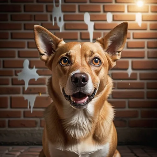 Prompt: Surprised dog looking at pee stain, brick wall with stain, exclamation mark, detailed fur, highres, realistic, urban, detailed eyes, shocked expression, brick texture, dog on back, intense gaze, professional, atmospheric lighting, urban setting