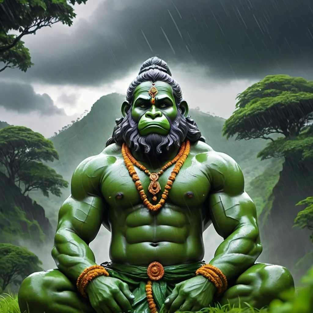 Prompt: Realistic hanumanji sitting on hill in rain close up