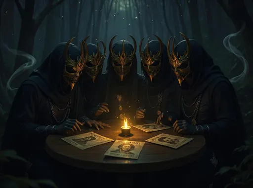 Prompt: A group of enigmatic fae, their delicate features obscured by elaborate gold masks that glint in the dim, flickering light of enchanted lanterns, are gathered in a shadowy glen around a large, round wooden table. The air is heavy with mystery as they lean in closely, eyes sparkling with mischief and intrigue, their elegant hands gesturing animatedly over several worn wanted posters scattered across the table, each revealing the likeness of notorious tricksters. Wisps of ethereal mist swirl around their feet, and faint echoes of distant laughter can be heard, mingling with the rustle of leaves. This scene captures a moment of clandestine plotting under a canopy of shimmering stars, evoking a dark fantasy concept art style that invites viewers into their hidden world.