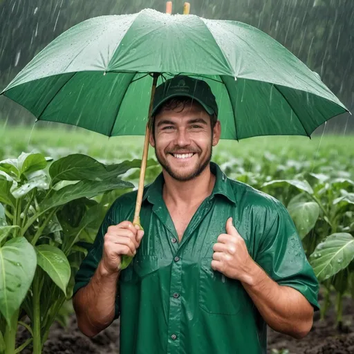 Prompt: imagem realista de agricultor em primeiro plano na chuva, feliz com a sua  plantação de milho, que está verde e bonita. Suor, camisa suada, homem de meia idade, pele castigada pelo sol