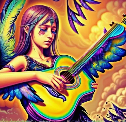 Prompt: Fantasy illustration of a melancholic bird playing a guitar, tear in its eye, vibrant colors, surreal fantasy style, detailed feathers, musical fantasy, emotional, high quality, fantasy, vibrant color palette, detailed wings, surreal, melancholic gaze, professional, atmospheric lighting