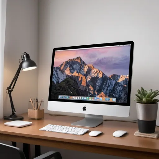 Prompt: Fotografia hiperrealista y muy detallada,  de un escritorio con una computadora Mac encendida con la pantalla de una app de edición de fotos  