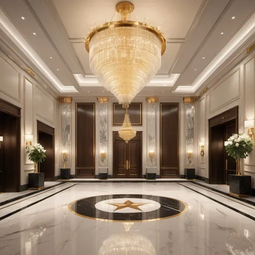 Prompt: Luxurious hotel entrance, grand chandeliers, marble floors, golden accents, high-end furnishings, polished surfaces, opulent atmosphere, 5-star quality, luxurious, elegant, warm lighting, upscale, spacious, highres, detailed rendering