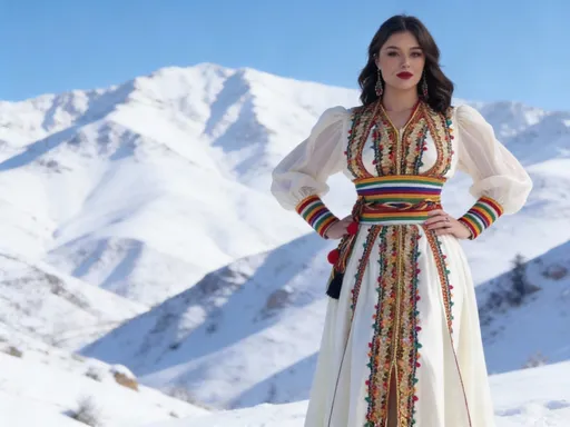 Prompt: a beautiful women with an algerian kabyle dress (like in the omni reference) stand prowdly, background djurdjura mountaine covered with snow 