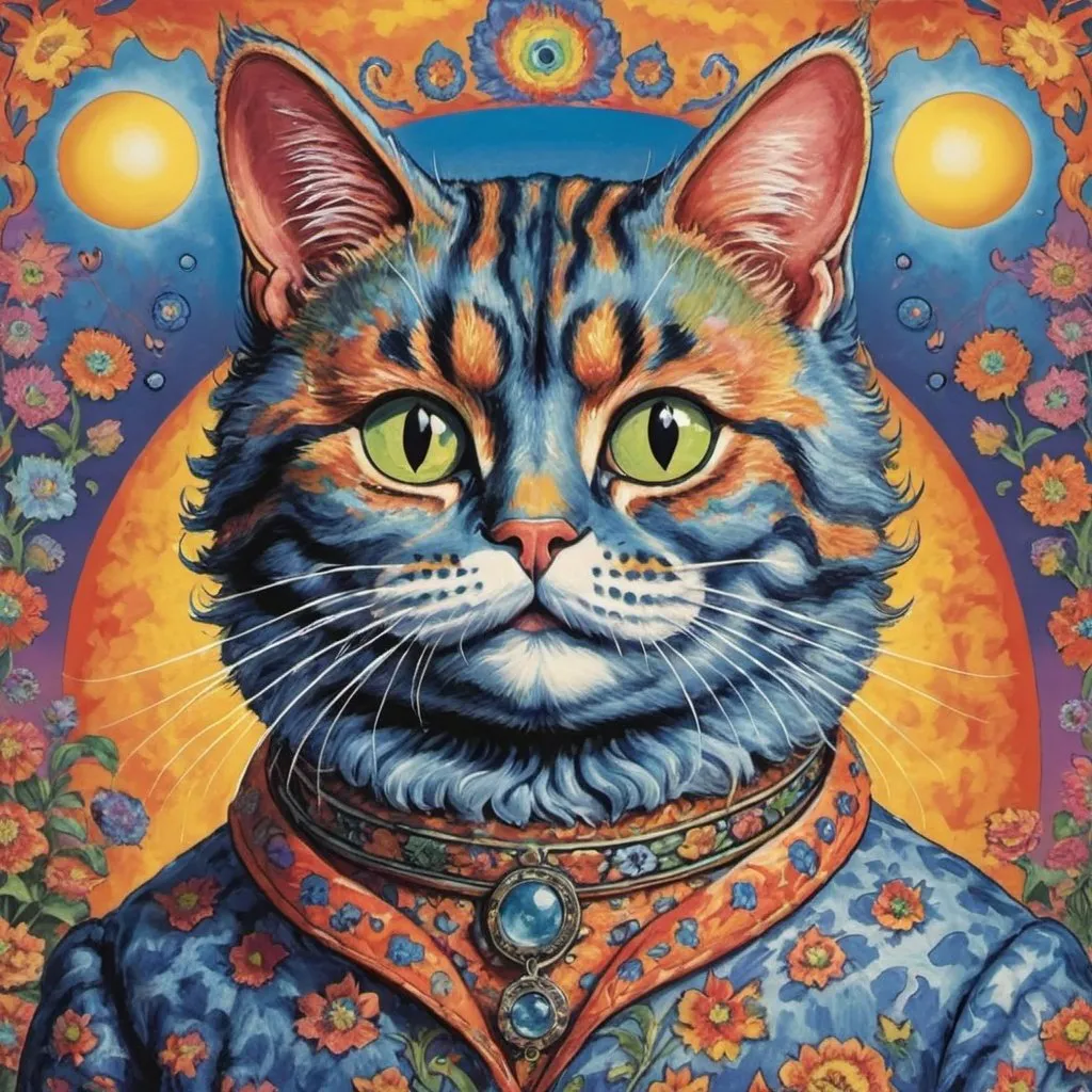 Prompt: create a picture of louis wain with his psychedelic cats