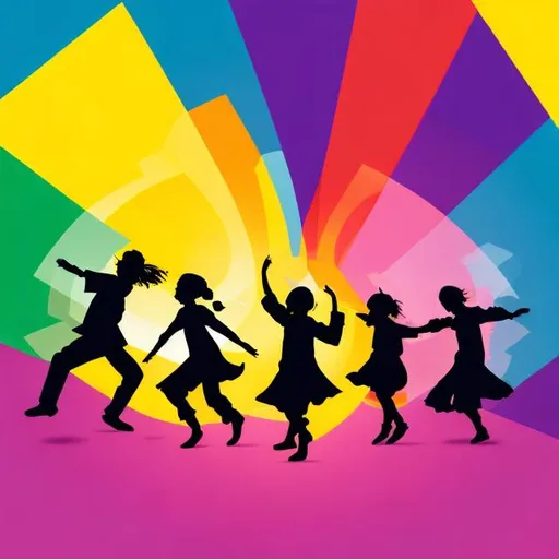 Prompt: picture that includes the words: Education Portfolio, bright colours and shadows of children dancing