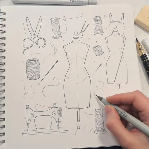 Prompt: Sketche mir eine Zeichnung mit feinen Linien, 
Mix aus typischen Schneidereielementen – aber modern interpretiert, als ob es eine Person gezeichnet hätte, die um die 50 Jahre ist. feine stilvolle Linien. Symbole wie Schere, Zwirn, Puppenständer, Nadel, Faden, Nähmaschine. Etwas weniger symbole


