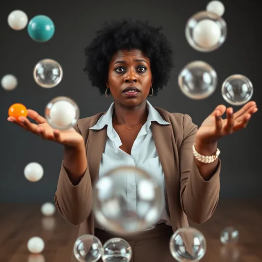 Prompt: Create an image of a black woman of average build in her mid 40's  juggling rubber and glass balls with a look of nervous concern on her face. She should be wearing business casual attire. In the background have random balls that appear to be bouncing and other glass balls that are broken on the floor