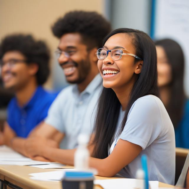 Prompt: A happy university student is listening to the lecture