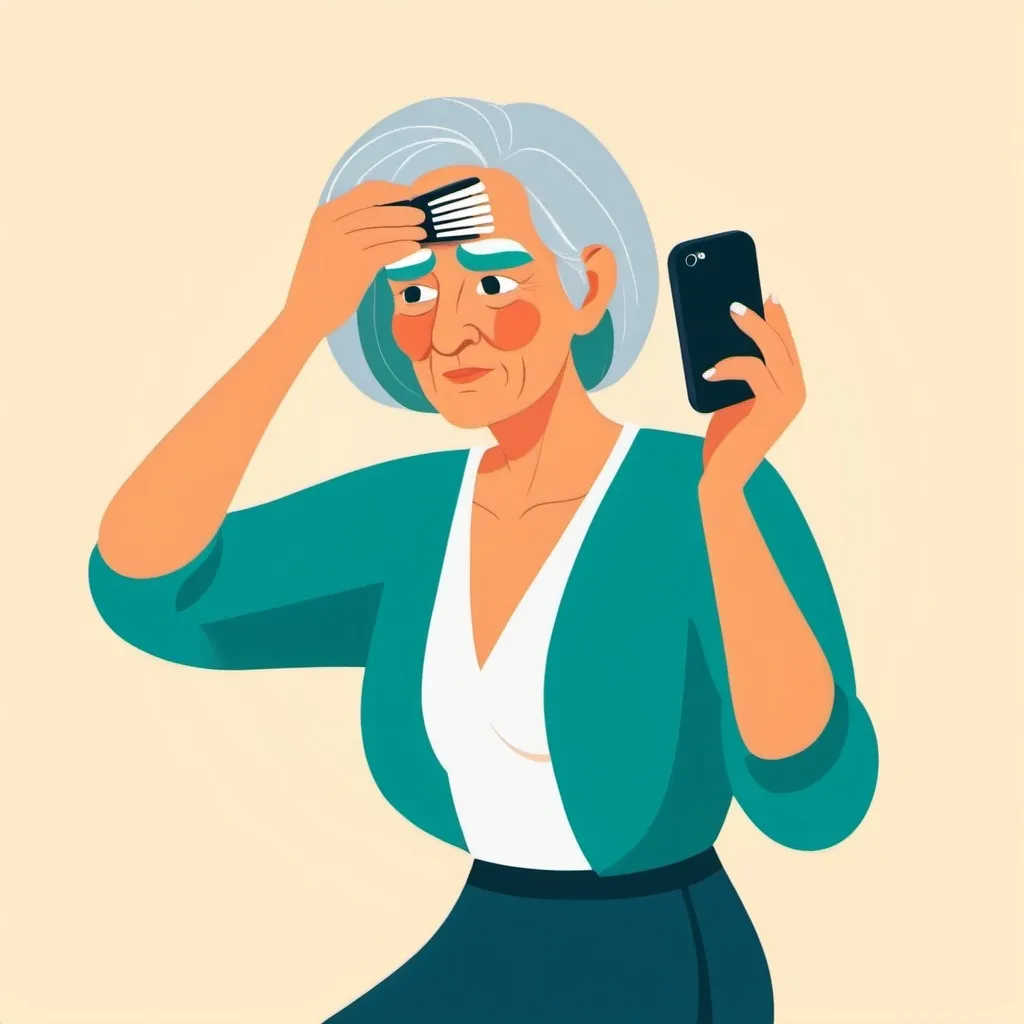 Prompt: Flat illustration an older woman brushing her hair with a comb and filming herself on an iphone, simple forms, simple shapes, vector, minimalism