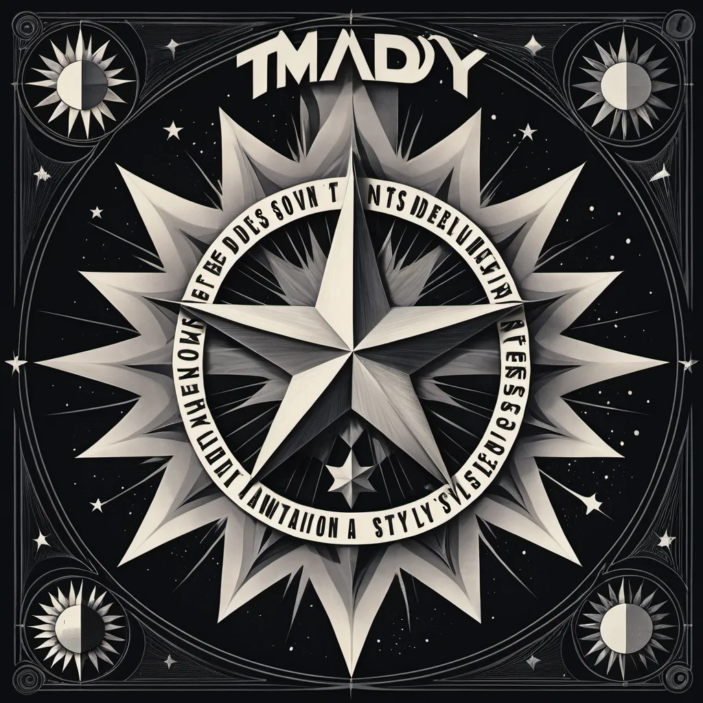 Prompt: a large poster with the words T-MADY'S Designs That Define in it's center and a star above it, and a large star above it, Android Jones, international typographic style, album cover, an album cover