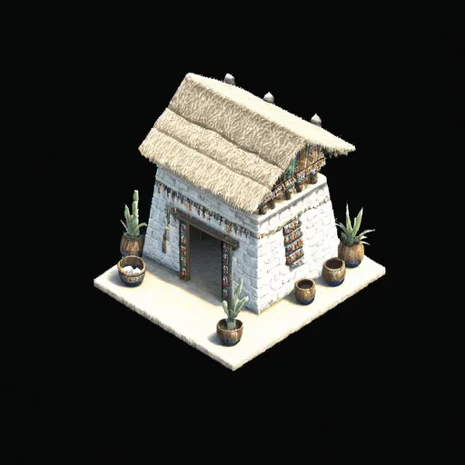 Prompt: Chantli, AOE2 Meso House.  Mesoamerican house, Atzompa pottery, cactus fence, Biznaga, agave, Age of Empires 2 style, AOE2 textures, stucco walls, adobe walls, Aztec imagery, Mesoamerica, highres, detailed, warm colors, ancient civilization, AOE2 asset, Oaxacan landscape, aztec culture.