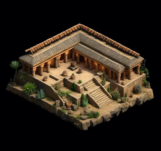 Prompt: <mymodel>Mesoamerican palace on terraced platform, hatched roof, Oaxacan plants, evenly space columns, stone walls, cacti, agave, Toltec, Oaxacan landscape, vibrant and detailed, ancient architecture, mesoamerican, lush greenery, rich historical details, professional illustration, warm and vibrant colors, atmospheric lighting