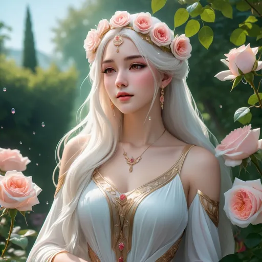 Prompt: A rose is a hybrid of two colors, white and pink, covered with pure, sparkling dewdrops.
In the middle of the flower, a girl was born. She has a sweet name, the rose princess. Her face is beautiful, her long white hair is loose, and her face has a few transparent dewdrops at the corners of her eyes and in the middle of her forehead. She wears a flowing long dress in the style of a Greek goddess. She wakes up to welcome the morning sunlight.
The surrounding scene is filled with other large-sized roses blooming red, sparkling with dew.