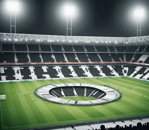 Prompt: Sure! Here's a prompt for your AI image creation:

"Create an aerial view of a stadium featuring Mohammedan Sporting Club's black and white colors. The stadium should prominently display a mix of these colors throughout, creating a striking visual effect from the top."
