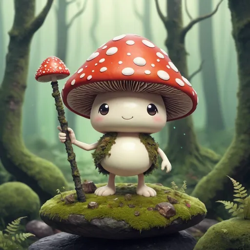 Prompt: digital illustration of a cute mushroom creature, standing on a rock holding a whimsical stick staff, anime style, in a forest covered with bits of moss