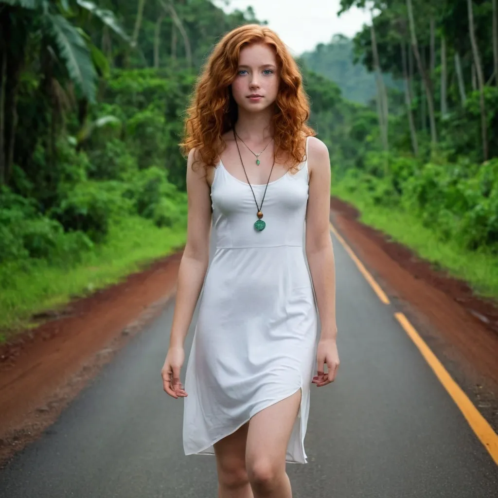 Prompt: she is a 20 year old american  girl with shoulder-length red wavy hair,green eyes, white dress, barefoot, simple necklace, curious expression, slim build, 20 year old, very gorgeous, on the road,in the middle of the jungle.