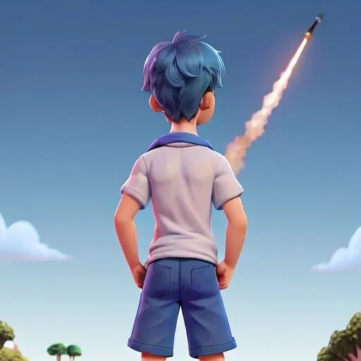 Prompt: Boy dressed in blue pants, white short-sleeved t-shirt and blue scarf with his back pointing to a rocket that has just been launched into the sky