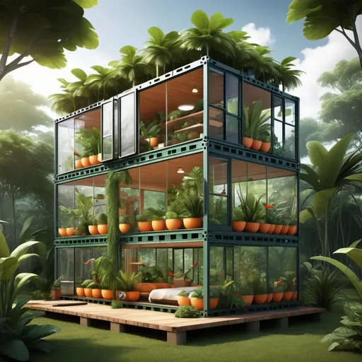 Prompt: create a house made of containers big windows and made witha glass house attatched with tropical fruits plants and animals inside lik small parrots greencheek conure  make it a fully bio envoiroment for an offgrid family with water stream make a circular structure tower existing 12containers on the first floor give a structured envoiroment also protection from the sun having solar power and having a generator in a river