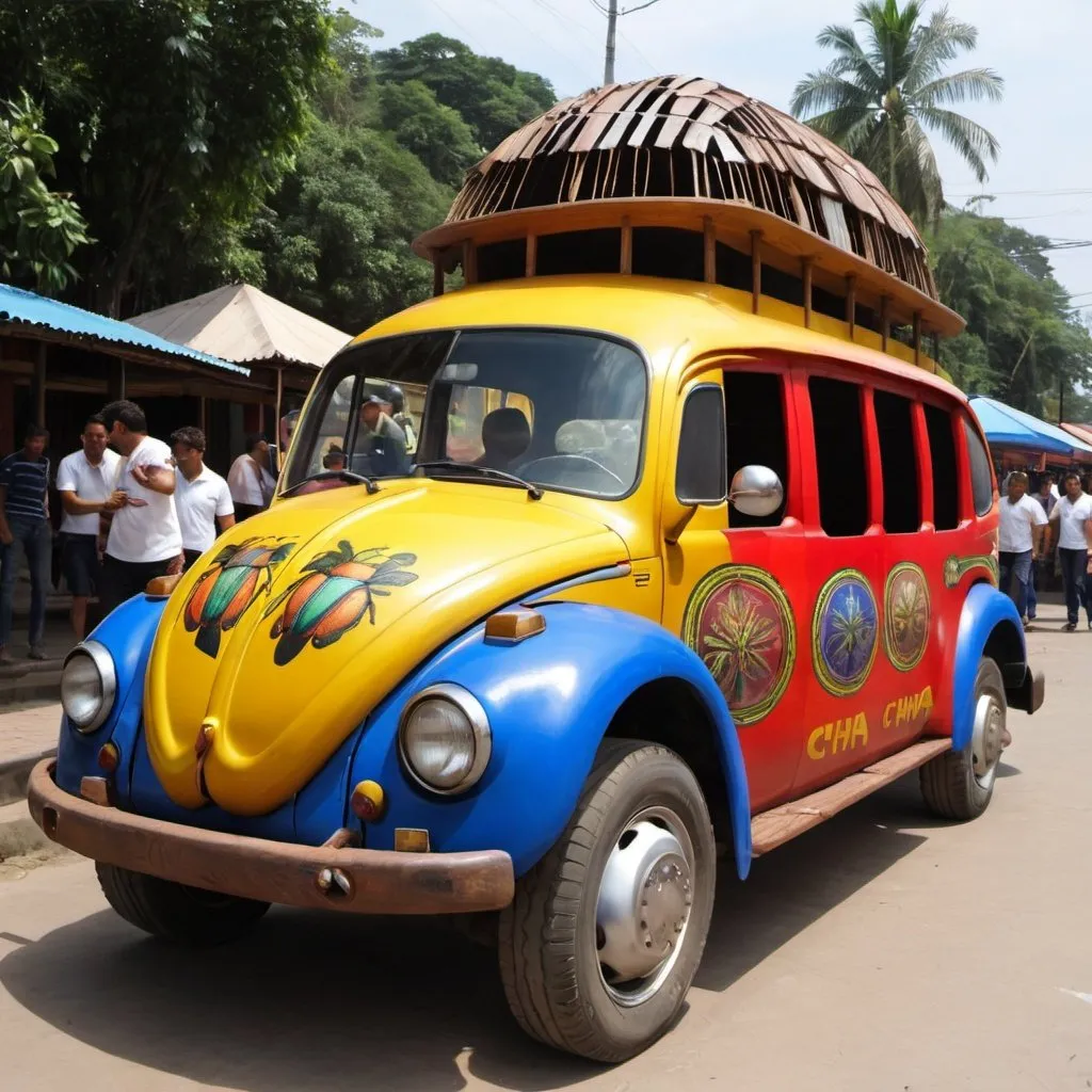Prompt: make a colombian chiva bus/truck with the front made of a beetle.

