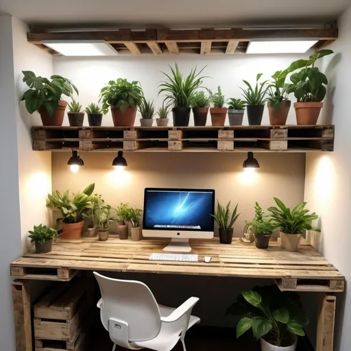 Prompt: Create a biophilic working space with desks that are made of pallets with nice plants and a nice worklight thats really big but gives nice calm light. Some vintage decoration and drawing stuff. No cabinets only open storage no doors or handles its only made from 2 pallets. You can repositiin planks and add a few broader planks.
