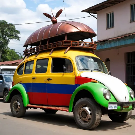 Prompt: make a colombian chiva bus/truck made from a beetle.

