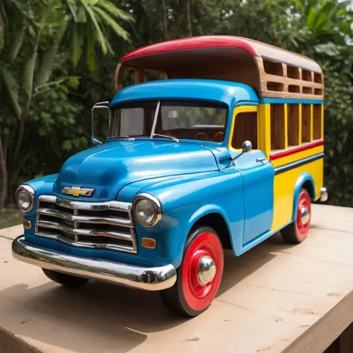 Prompt: make a wooden colombian chiva bus with the front of a chevrolet 3100. make the typical blue yellow red and turqoise colors oil based so you see the nerves of the wood. chevrolet 3100

