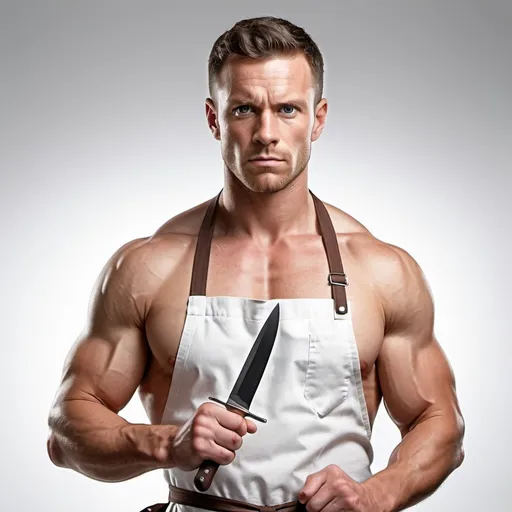 Prompt: Athletic man in apron holding kitchen knife, confident expression, photorealism, studio lighting, white background, advertising, bare torso, muscular physique, knife marketing, confident pose, high quality, detailed, professional, studio shoot, photorealistic, advertising concept, clean white background, knife brand promotion, muscular model, knife in hand, focused gaze, intense expression