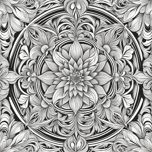 Prompt: Blaze intricate pattern inside of it, no Color, no shading, thick lines. The composition should be complex yet harmonious, incorporating floral, geometric, and ornamental elements. NO SHADES NO COLOR