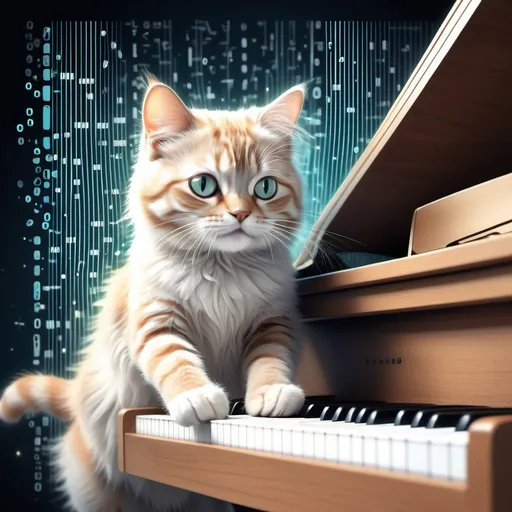 Prompt: Adorable cat playing piano, on background lines of binary code, whimsical ambiance, detailed expressions of joy and curiosity, contemporary digital art style, ultra-detailed, creative chaos of code softly illuminating the scene, playful interaction, enchanting and imaginative atmosphere.