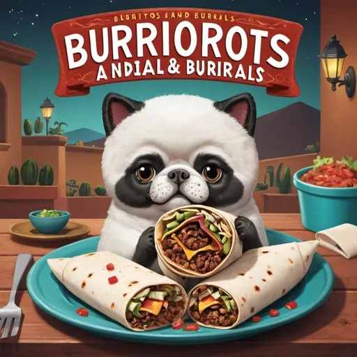 Prompt: A Cozy food Mystery book cover with the title "burritos and burials"
