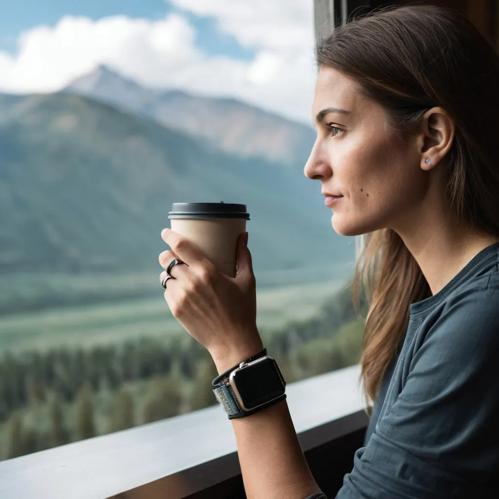 Prompt: woman holding coffee with apple watch band on her wrist looking out of the window at mountains. side profile of her face