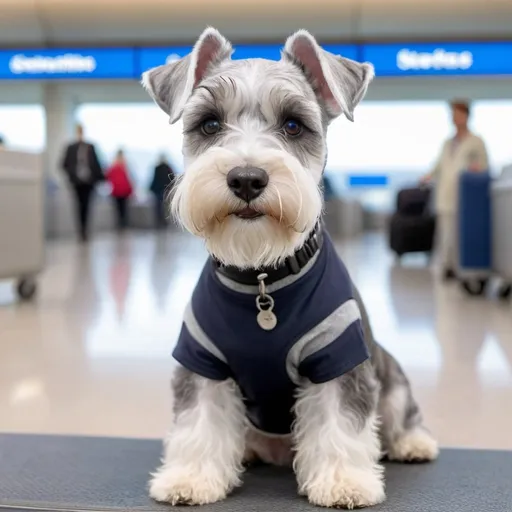 Prompt: White and grey miniature schnauzer in a airport