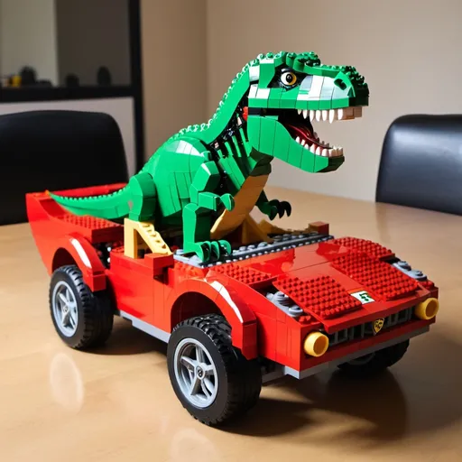 Prompt: trex made out of lego eating lego ferrari