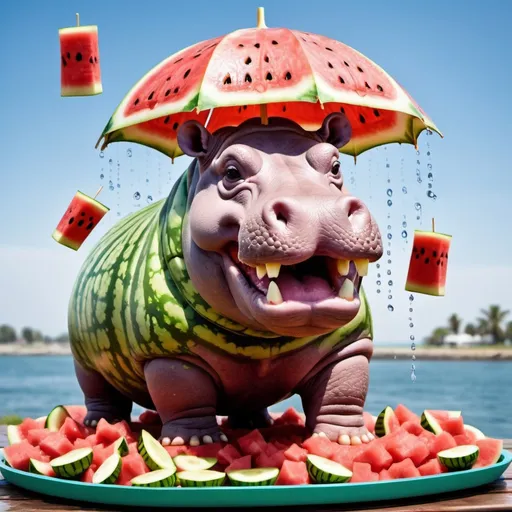 Prompt: a hippo made out of watermelons with chips raining from the sky near the ocean in cage