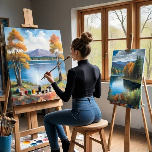 Prompt: make an image of a woman in a black tight-fitting blouse with a wide outside and blue jeans sitting on a stool with her hair in a bun who is painting in a space where there is a window and is painting on top of a painting depicting trees and a lake
also the woman holds two brushes in each hand and in front of her is a table on which many colors are placed