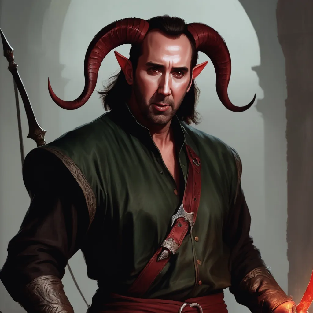 Prompt: nicolas cage as a rogue tiefling dnd character with a scimitar