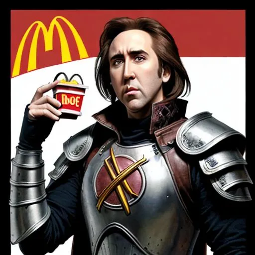 Prompt: nicolas cage as a rogue tiefling with a breastplate that has a mcdonalds logo on it