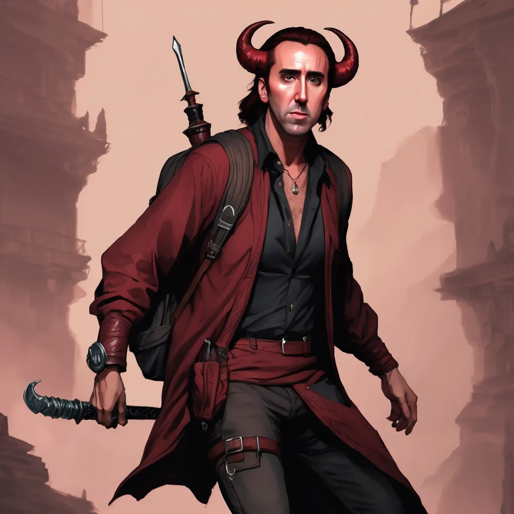Prompt: nicolas cage as a rogue tiefling dnd character with a backpack and scimitar
