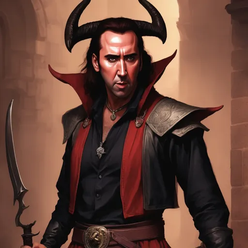 Prompt: nicolas cage as a rogue tiefling dnd character with a scimitar
