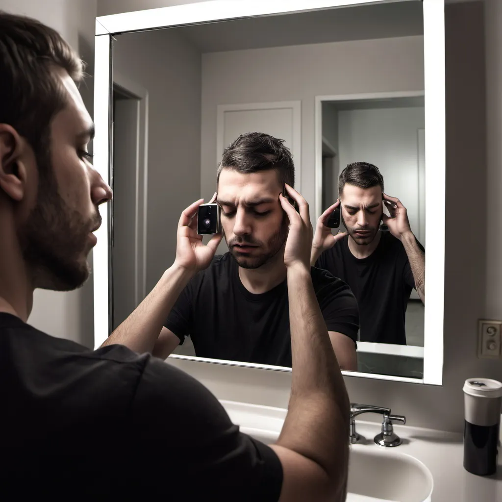 Prompt: a man taking a picture of himself with his cell phone in a mirror with his eyes closed and his head tilted, Anthony Devas, transgressive art, vfx, an album cover