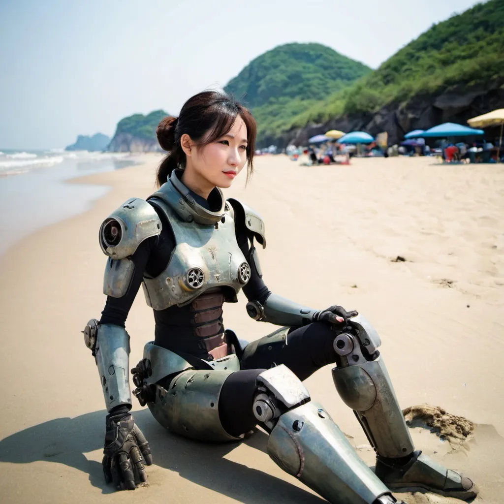 Prompt: a woman wearing mech battle worn sits on a beach in china 